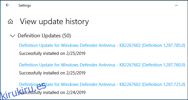 Historial de actualizaciones que muestra actualizaciones de definiciones de malware en Windows 10
