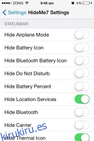 Configuración de la barra de estado de HideMe7 iOS