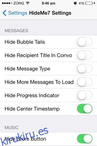 Configuración de mensajes de HideMe7 iOS