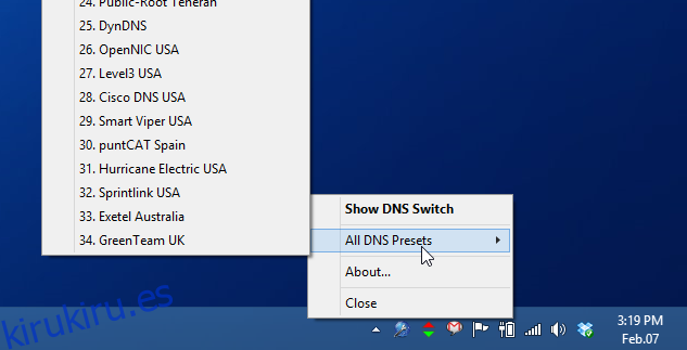 Cambie entre más de 30 servidores DNS populares desde la bandeja del sistema de Windows