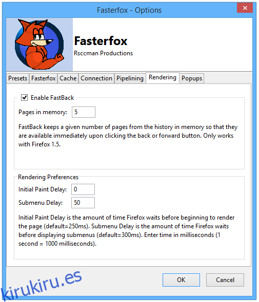 Fasterfox - Opciones - Representación