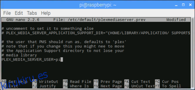 ventana de terminal: cambiar Plex a Pi como usuario