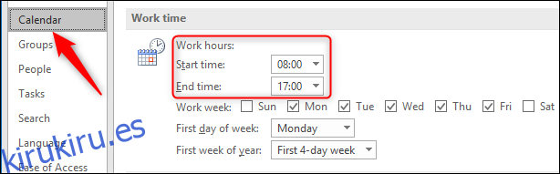 cambie sus horas de trabajo en Archivo> Opciones> Calendario ”width =” 614 ″ height = ”191 ″ onload =” pagespeed.lazyLoadImages.loadIfVisibleAndMaybeBeacon (this); ”  onerror = ”this.onerror = null; pagespeed.lazyLoadImages.loadIfVisibleAndMaybeBeacon (this);”> </p>
<p> Como ejemplo, cambiaremos nuestro horario de trabajo de 10 am a 4 pm y luego haremos clic en “Aceptar. »  Si abrimos una nueva solicitud de reunión y hacemos clic en el Asistente de programación, nuestro horario de trabajo ha cambiado para reflejar el nuevo horario. </p>
<p> <img loading =