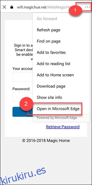 Página de configuración de cuenta con tres puntos y Abrir en Microsoft Edge en un cuadro