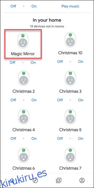 La aplicación Asistente de Google muestra dispositivos no asignados, el dispositivo Magic Mirror tiene un cuadro rojo alrededor