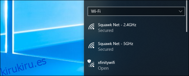 Menú de conexión de red Wi-Fi en Windows 10
