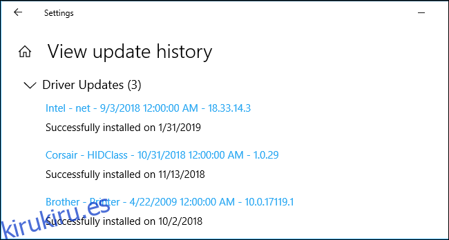 Historial de actualización del controlador en la configuración de Windows 10