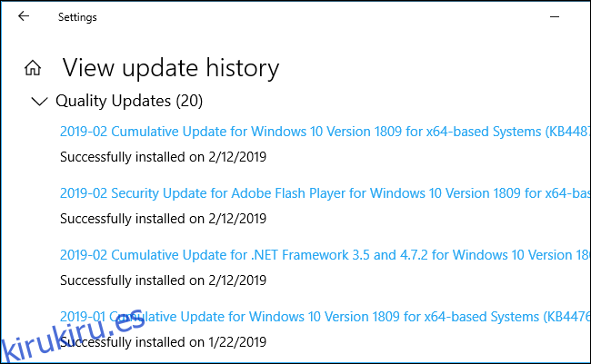 Actualizaciones de calidad en la configuración de Windows 10