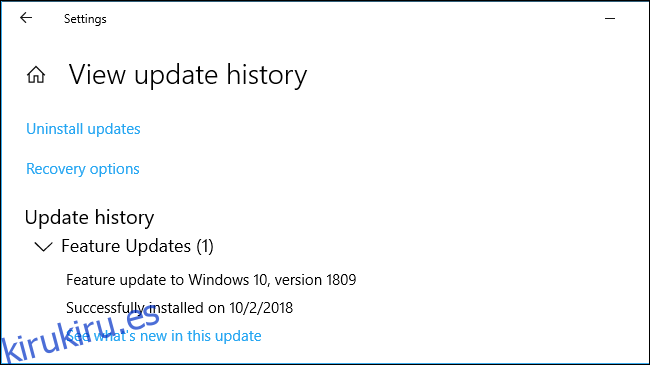 La última actualización de funciones instalada en la configuración de Windows 10