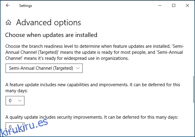 Opciones avanzadas para pausar y retrasar las actualizaciones en Windows 10