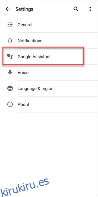 Configuración de búsqueda de Google con llamada del Asistente de Google