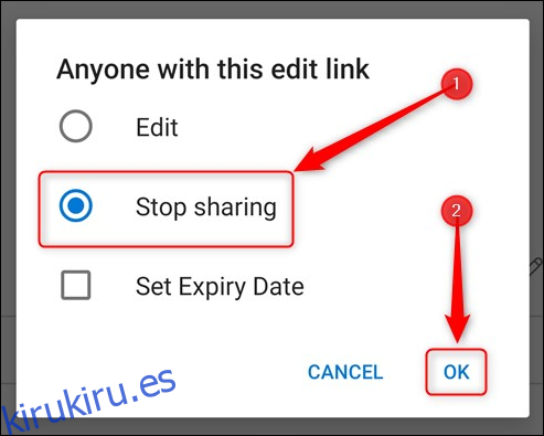 El botón de opción Dejar de compartir
