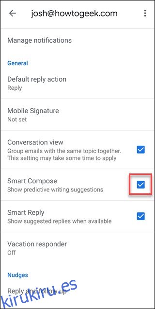 Página de configuración de Gmail con una casilla alrededor de la marca de verificación para redacción inteligente