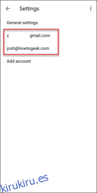 Página de configuración de Gmail con un cuadro alrededor de las cuentas de correo electrónico