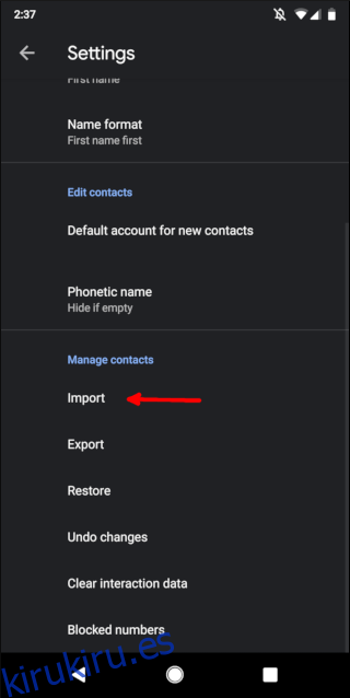 Menú de configuración de contactos de Android