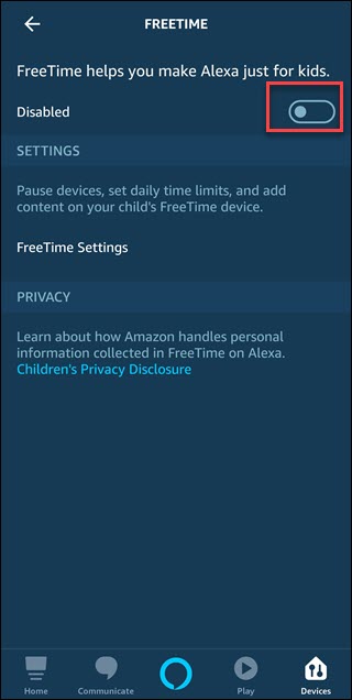 Pantalla de tiempo libre de la aplicación Alexa con cuadro alrededor de alternar desactivado