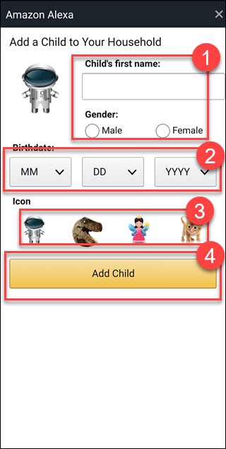Alexa cuadro de diálogo Agregar niño, con cuadros alrededor de nombre, género, fecha de nacimiento, ícono y botón Agregar niño