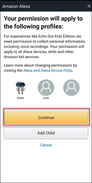 Pantalla de permisos de Alexa con un cuadro alrededor del botón Continuar