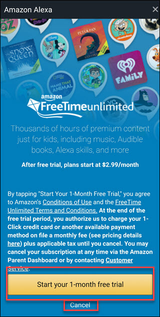 Pantalla de oferta de Freetime Unlimited con recuadros sobre las opciones de inicio de prueba gratuita de 1 mes y cancelación