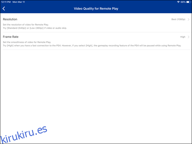 Opciones de video de PS4 Remote Play en iOS