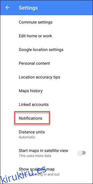 Menú de configuración de mapas de Google con rótulo de notificaciones