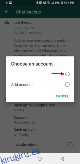 Seleccionar la cuenta de Google en la que desea respaldar los mensajes