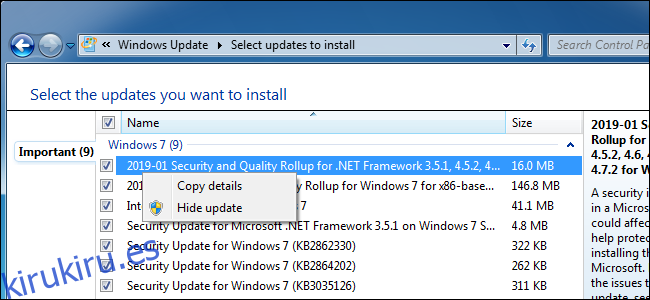 Ocultar una actualización en Windows Update en Windows 7