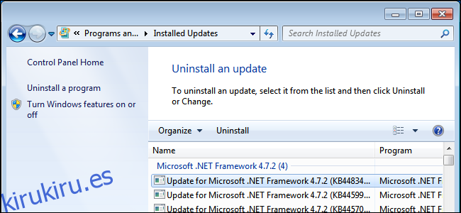 Desinstalar una actualización de Windows en Windows 7