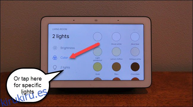 Luces de sala de estar de Google Home Hub con llamadas a colores y 2 opciones de luces