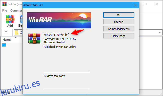 Número de versión de WinRAR en la ventana Acerca de WinRAR