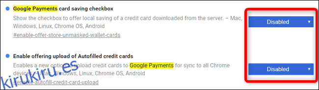 Seleccione Deshabilitado en el menú desplegable tanto para la casilla de verificación de ahorro de tarjetas de Google Payments como para Habilitar la carga de ofertas de marcas de tarjetas de crédito rellenadas automáticamente