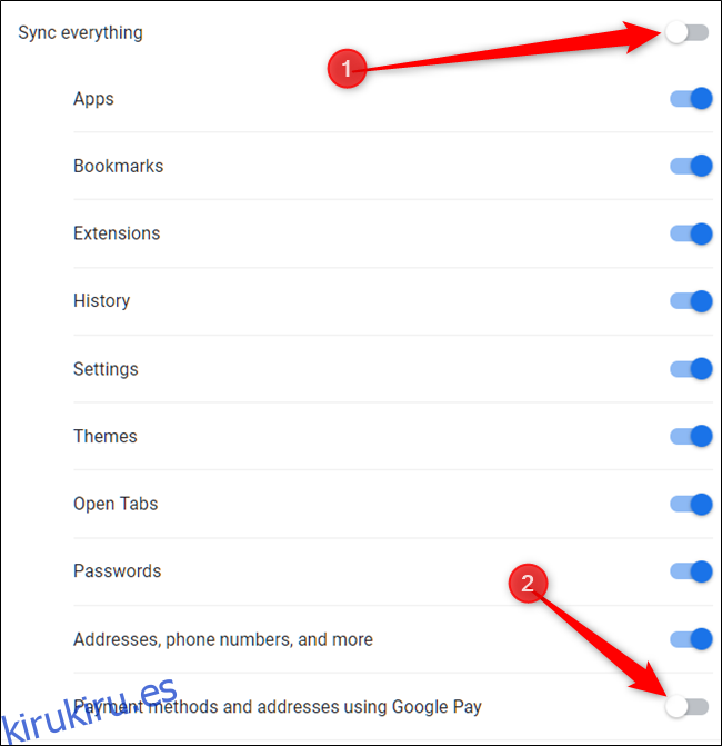 Primero, active Sincronizar todo, luego alterne Métodos de pago y direcciones con Google Pay