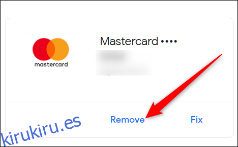 Debajo de la tarjeta de crédito que desea eliminar, haga clic en Eliminar