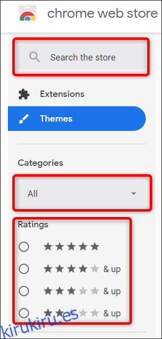 Encuentra un tema usando la barra de búsqueda o por categorías y clasificación