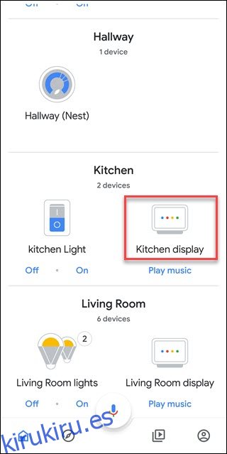 Aplicación Google Home con recuadro alrededor de la opción Kitchen Display (un Google Home Hub denominado)