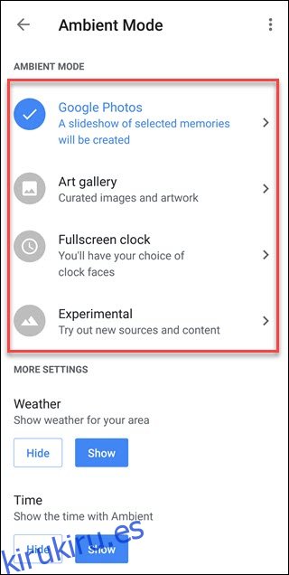 Configuración del modo ambiente con opciones de llamadas alrededor de Google Photos, Galería de arte, etc.
