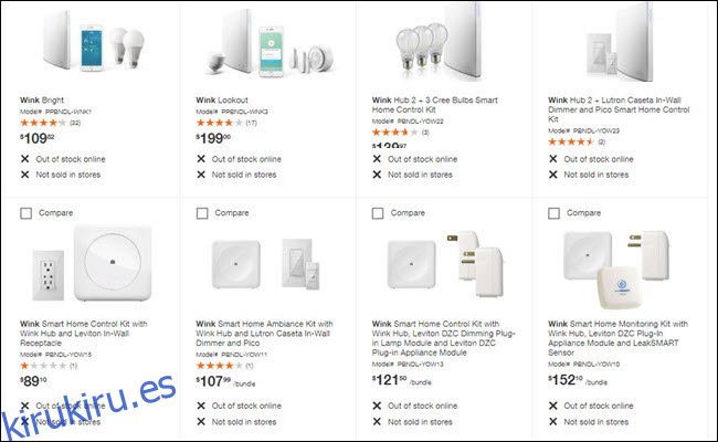 El sitio de Home Depot muestra todos los productos Wink agotados en línea y no vendidos en tiendas.