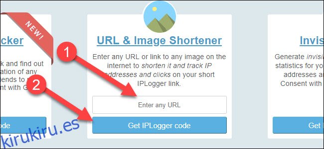 Sitio de registrador de IP con una flecha que apunta a la opción de acortador de URL y obtener el botón de código de iplogger