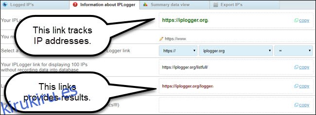 Sitio de enlaces generado por el registrador de IP, con llamadas a los enlaces de seguimiento y visualización