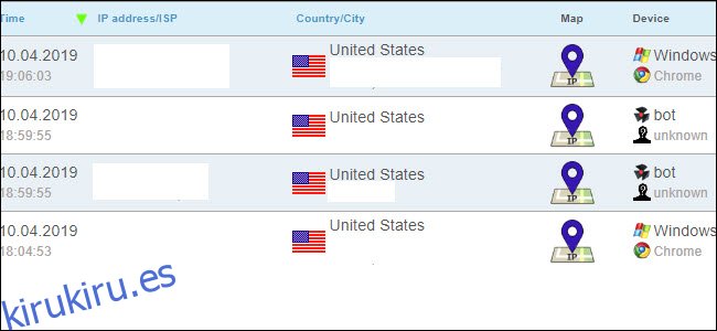 resultados de seguimiento del registrador ip, que muestran varios pings de Estados Unidos.