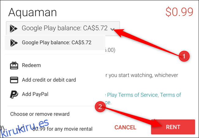 De forma predeterminada, el saldo de Google Pay se usa primero, si desea cambiarlo, haga clic en el menú desplegable, seleccione un método de pago y luego haga clic en Alquilar