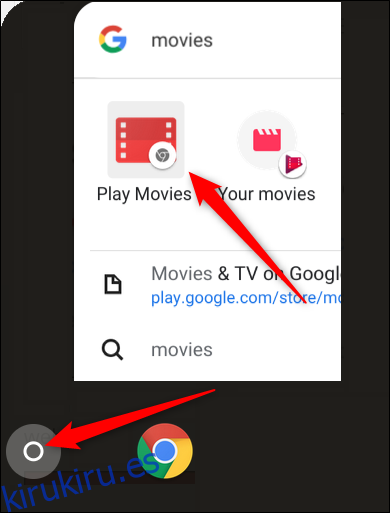 Haga clic en el lanzador, comience a escribir Películas, luego haga clic en la aplicación Play Movies Chrome, es la que tiene el ícono gris de Chrome en la esquina inferior derecha