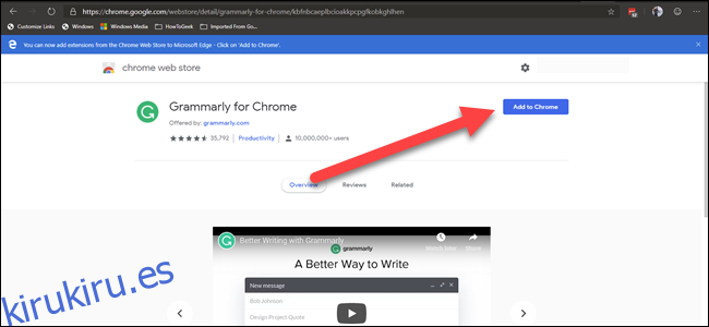 Extensión de Chrome Web Gramarly con una flecha que apunta al botón 