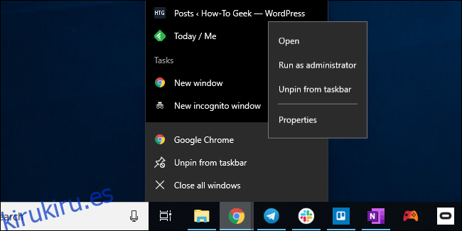 Abrir la ventana de propiedades de acceso directo de la barra de tareas de Chrome en Windows 10