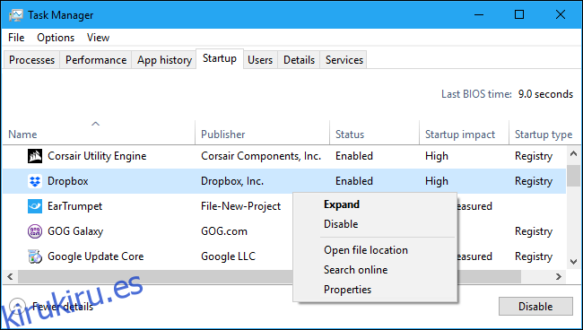 Deshabilitar una aplicación de inicio en el Administrador de tareas de Windows 10