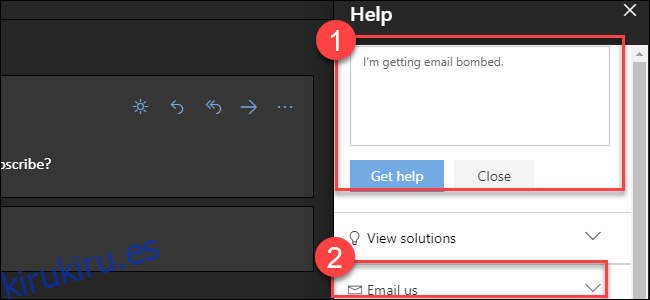 Outlook.com ayuda con las llamadas sobre la opción de obtener texto de ayuda y enviarnos un correo electrónico.