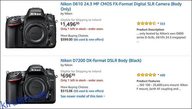 Listado de Amazon que muestra cuerpos de cámara Nikon