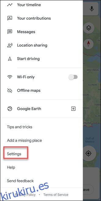 Submenú de Google Maps con llamada de configuración