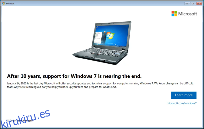 Notificación de fin de vida útil de Windows 7