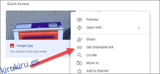 Submenú de Google Drive que muestra la opción de obtener un enlace para compartir.